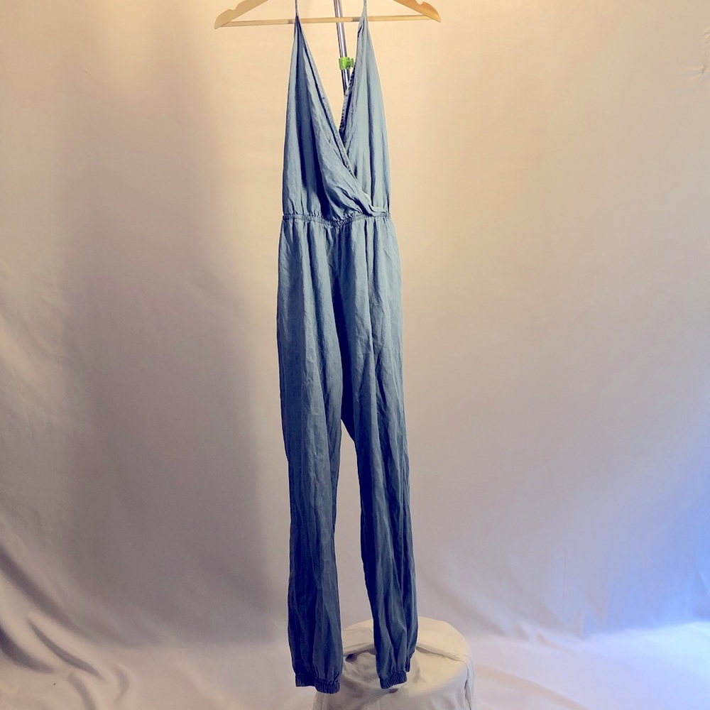 Mimi Chica Denim Chambray Halter Top Jumpsuit Size M